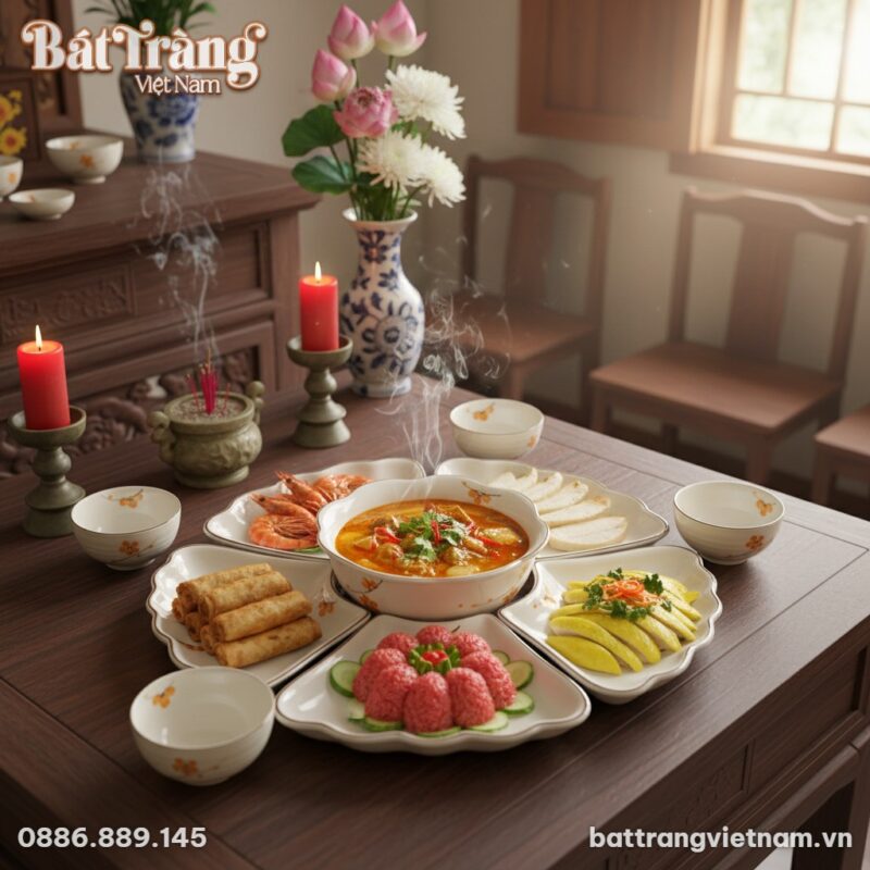 cận cảnh Bộ bát đĩa 'Hoa Mặt Trời' Bát Tràng đự...