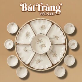 Bộ Bát Đĩa Hoa Mặt Trời Họa Tiết Hoa Sen Nâu Bát Tràng BT-MT27