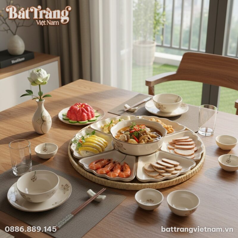Bộ bát đĩa Hoa Mặt Trời Bát Tràng đặt trang nhã...