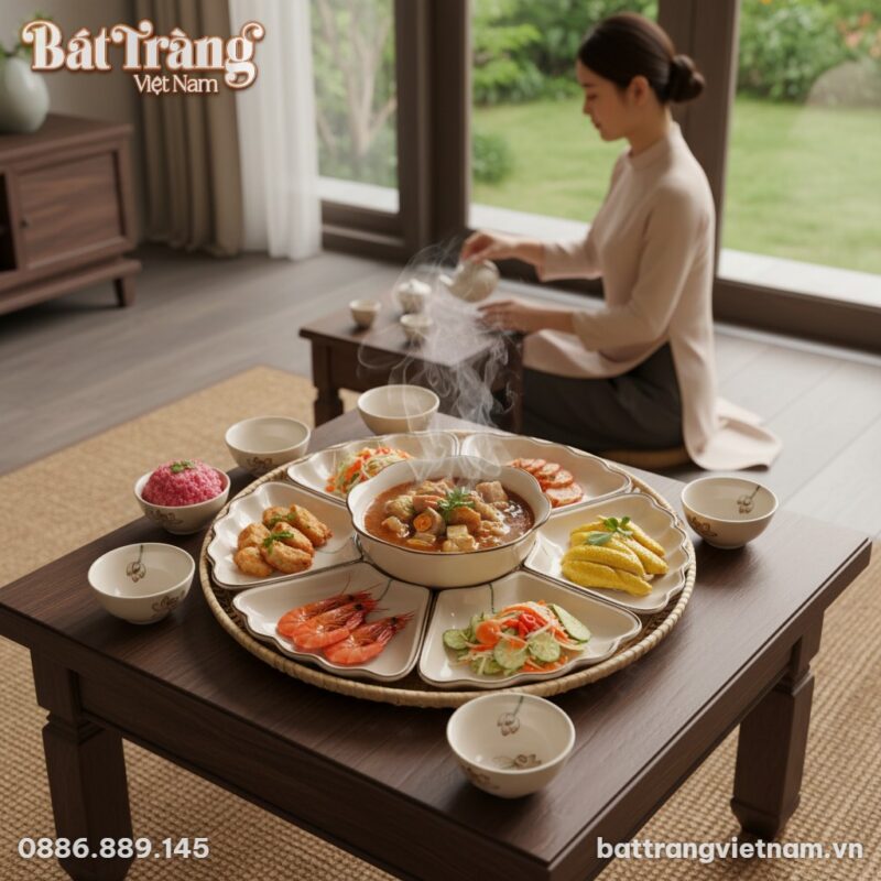 Bộ bát đĩa Hoa Mặt Trời Bát Tràng bày biện tinh...