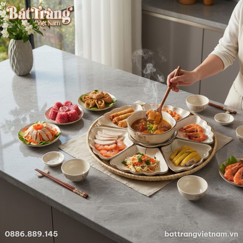 góc chụp trên cao xuống Cận cảnh bộ bát đĩa Hoa...