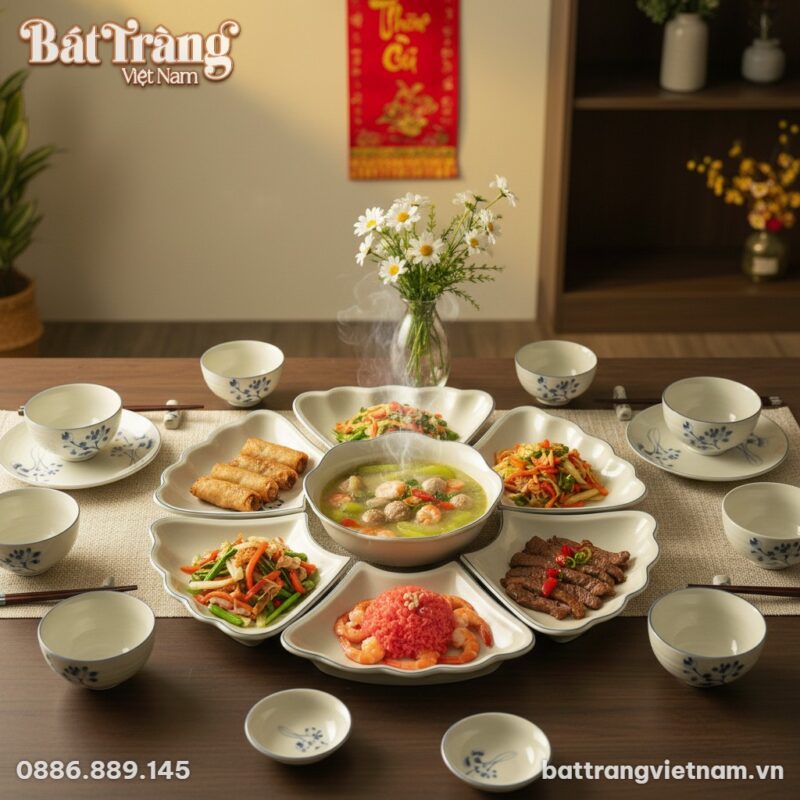 Bộ bát đĩa hoa sen xanh Bát Tràng được bày biện...