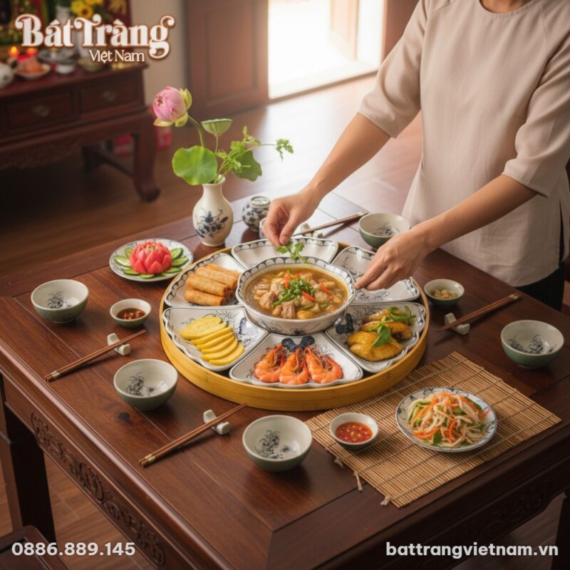 Góc nhìn từ trên cao xuống một bàn ăn đang được...