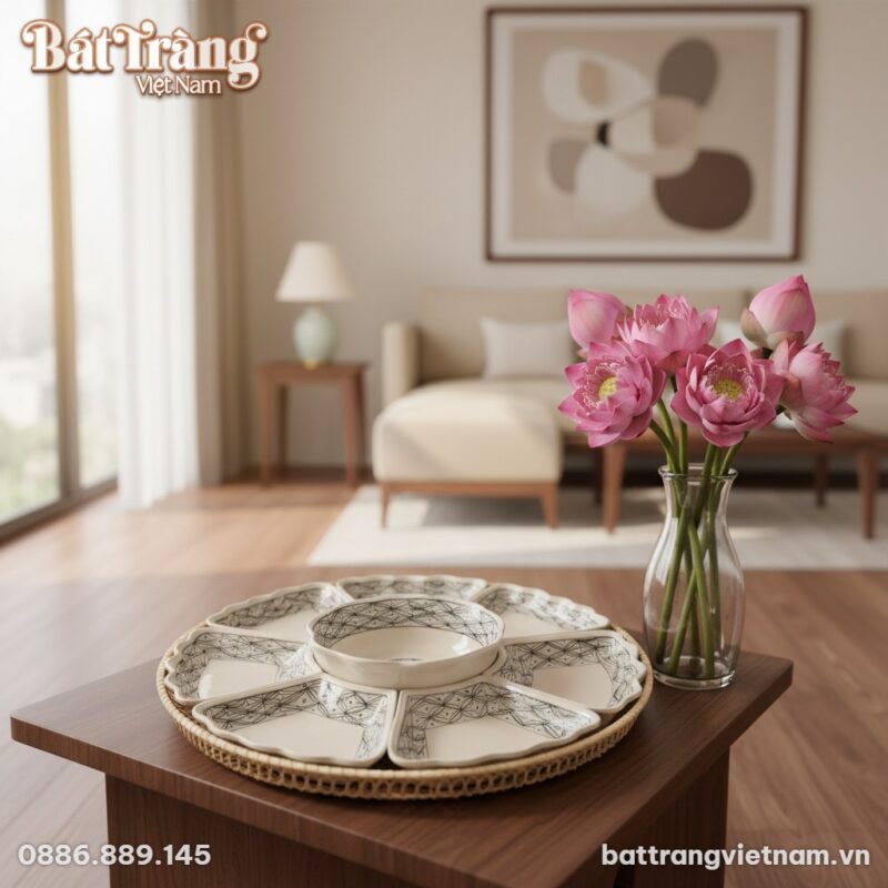 Bộ bát đĩa Hoa Mặt Trời Bát Tràng được trưng bà...
