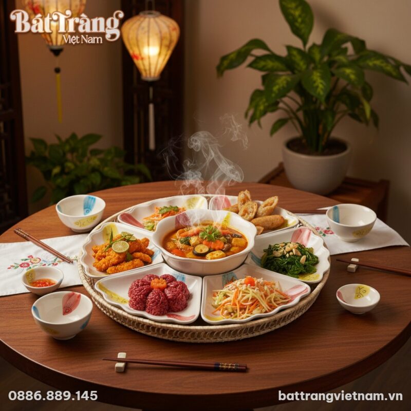 Bộ bát đĩa Hoa Mặt Trời Bát Tràng bày biện món ...