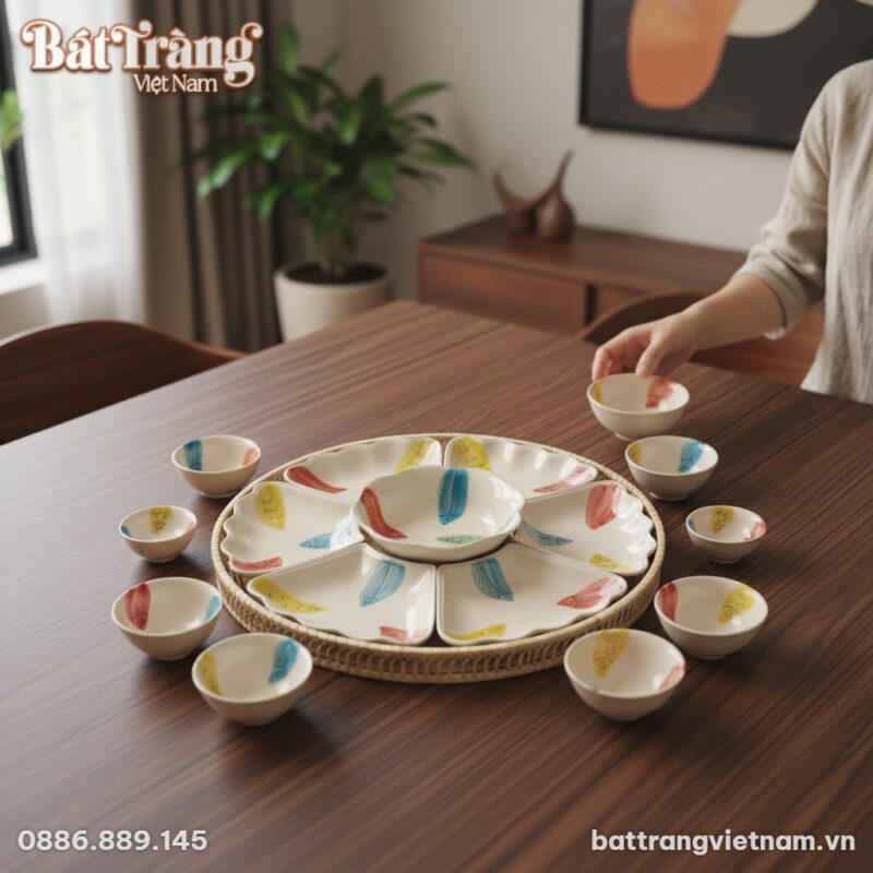 Góc nhìn từ trên cao cận cảnh bộ bát đĩa Hoa Mặ...