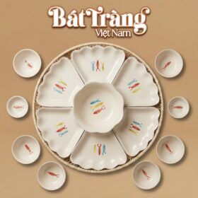 Bộ Bát Đĩa Hoa Mặt Trời Vẽ Cá Màu Bát Tràng BT-MT25