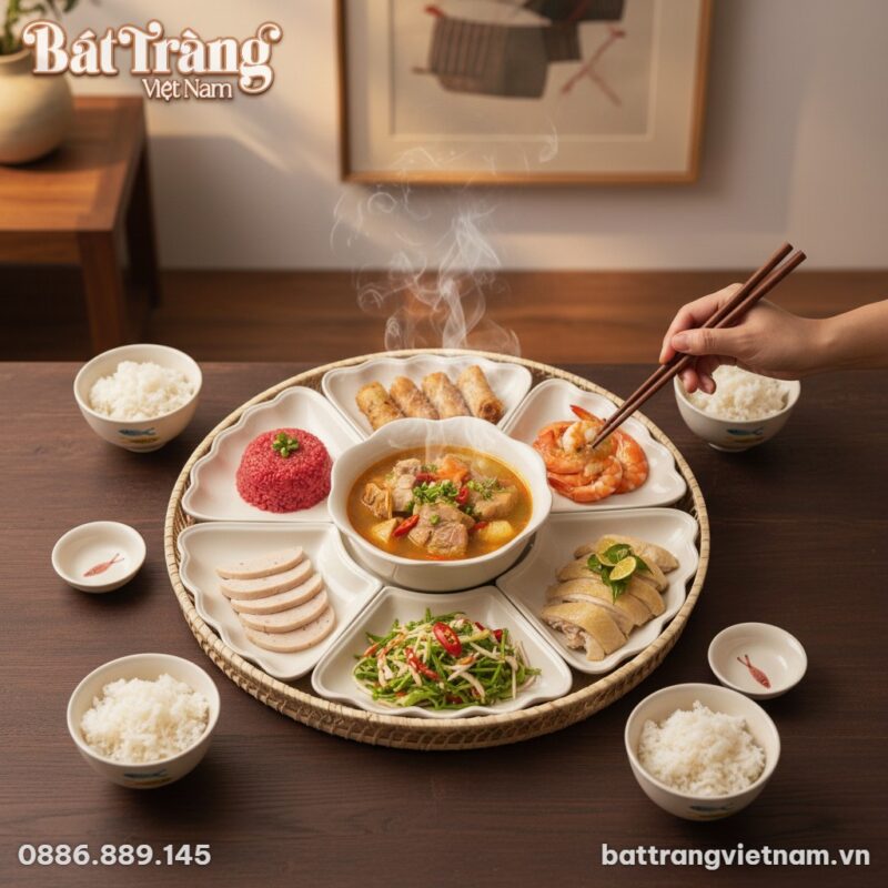 Góc bàn ăn gia đình Việt Nam hiện đại với bộ Bá...