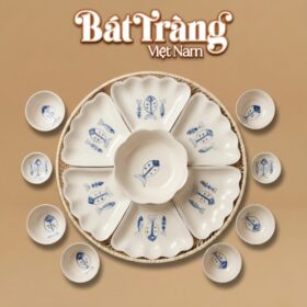 Bộ Bát Đĩa Hoa Mặt Trời Vẽ Cá Men Trắng Bát Tràng BT-MT19