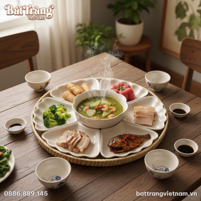 Cận cảnh góc chụp từ trên cao xuống, bộ bát đĩa...