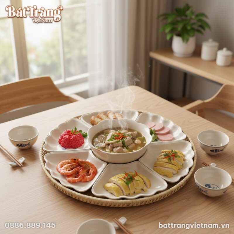 Mâm cơm gia đình Việt ấm cúng với bộ bát đĩa Bá...