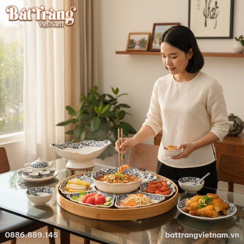 bộ bát đĩa 'Hoa Mặt Trời' đặt trên khay gỗ, đượ...