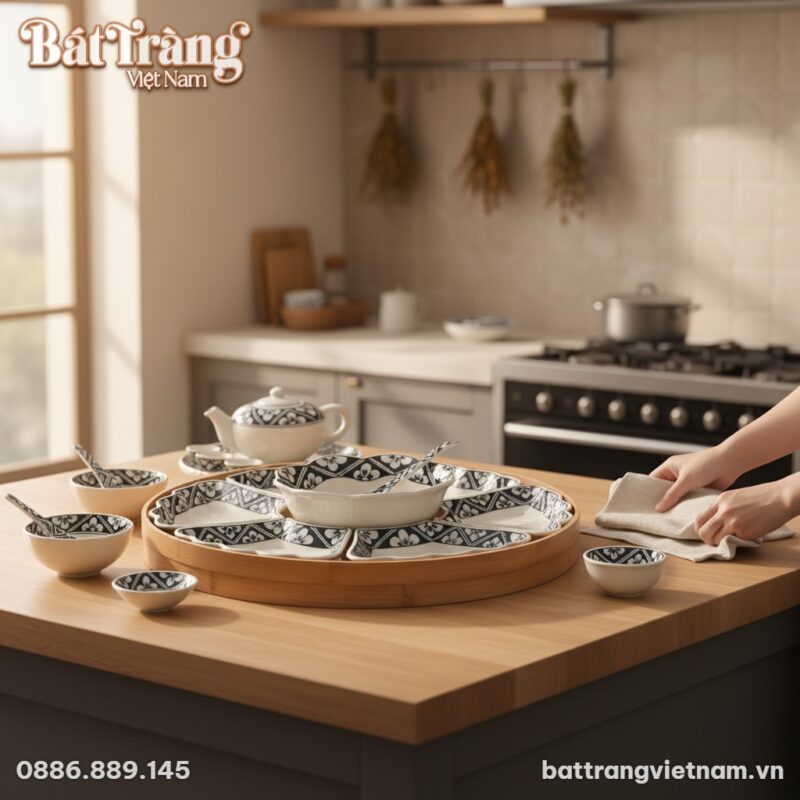 cận cảnh Bộ bát đĩa 'Hoa Mặt Trời' Bát Tràng đư...