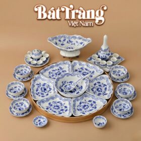 Bộ Bát Đĩa Hoa Mặt Trời Vẽ Tay Hoa Mẫu Đơn Men Lam BT-MT13