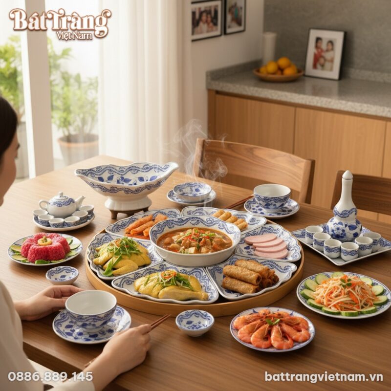 Bộ ấm trà và bộ bình rượu hoa mẫu đơn men lam đ...