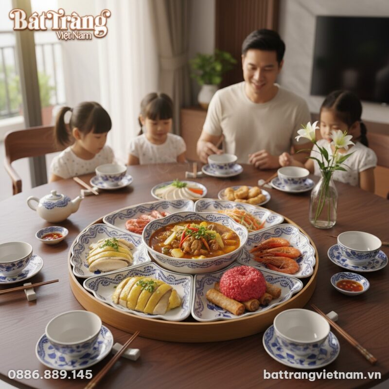 Mâm cơm gia đình Việt ấm cúng với Bộ bát đĩa Ho...