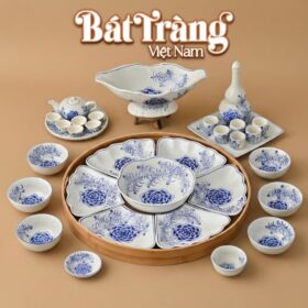 Bộ Chén Dĩa Hoa Mặt Trời Họa Tiết Hoa Mẫu Đơn Men Lam Bát Tràng BT-MT18