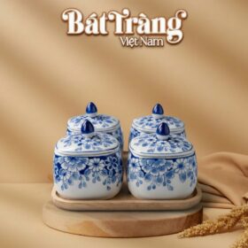 Bộ Hũ Mứt Dáng Méo Vẽ Hoa Men Lam Gốm Sứ Bát Tràng BT-KM37