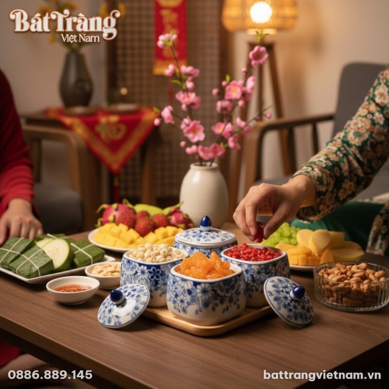 Bộ 4 hũ mứt gốm sứ Bát Tràng men lam trên khay ...