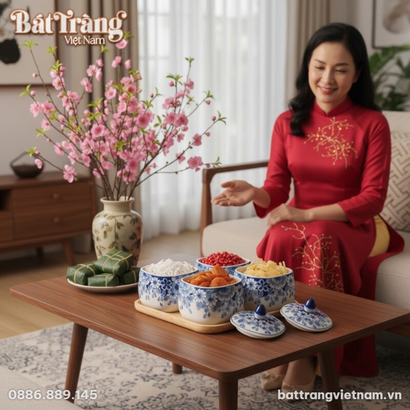 Bộ hũ mứt gốm sứ Bát Tràng men lam đặt tinh tế ...