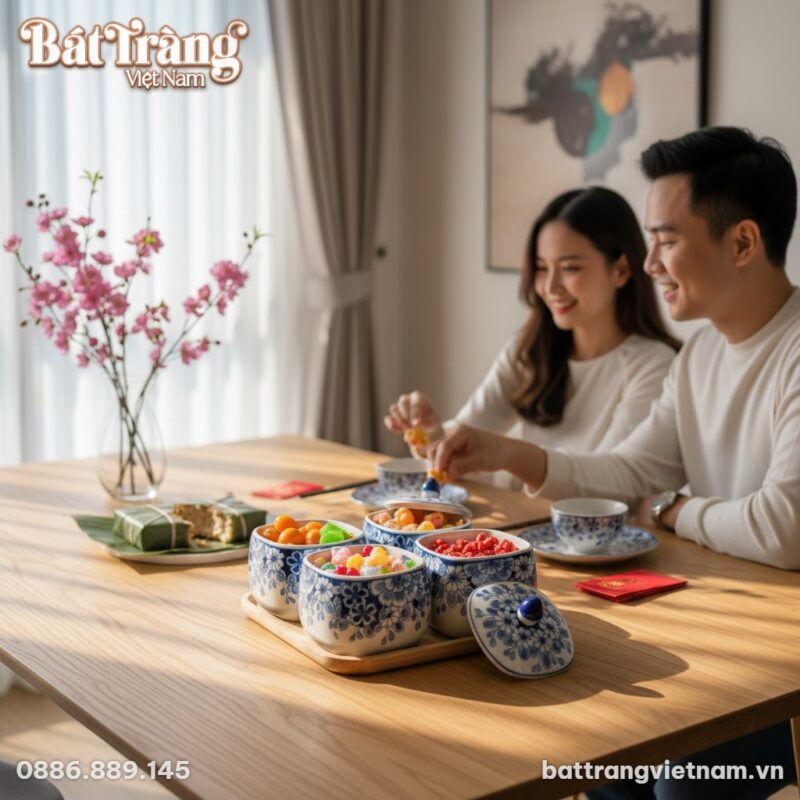 Bộ hũ mứt gốm sứ Bát Tràng men lam với khay gỗ ...
