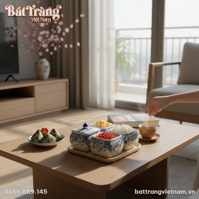 Bộ hũ mứt Bát Tràng men lam đặt trên bàn cà phê...