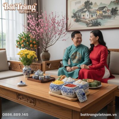 cận cảnh Bộ 4 hũ mứt gốm sứ Bát Tràng men lam đ...