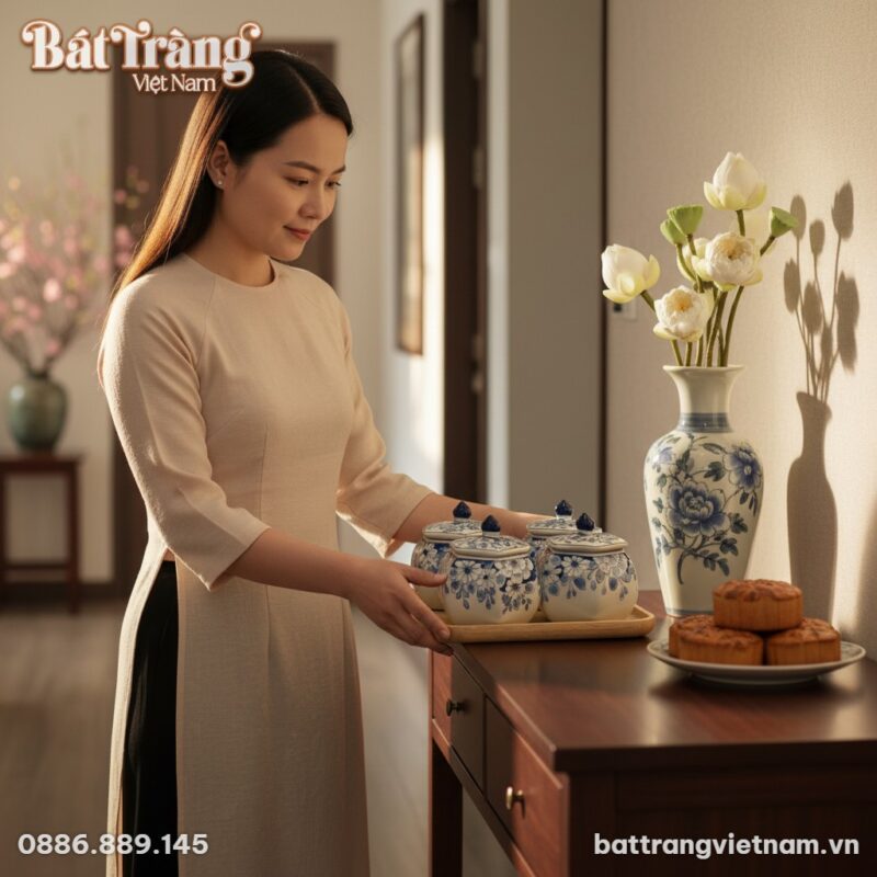 Bộ hũ mứt men lam đặt trên bàn console gỗ tối m...