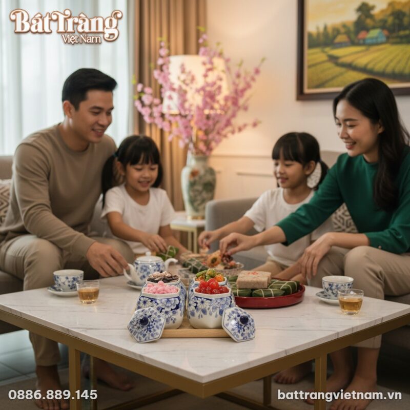 bộ 4 hũ mứt men lam được đặt trang trọng trên b...