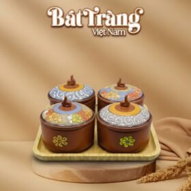 Bộ Hũ Tròn Đựng Bánh Mứt Họa Tiết Thổ Cẩm Kèm Khay Gỗ BT-KM33