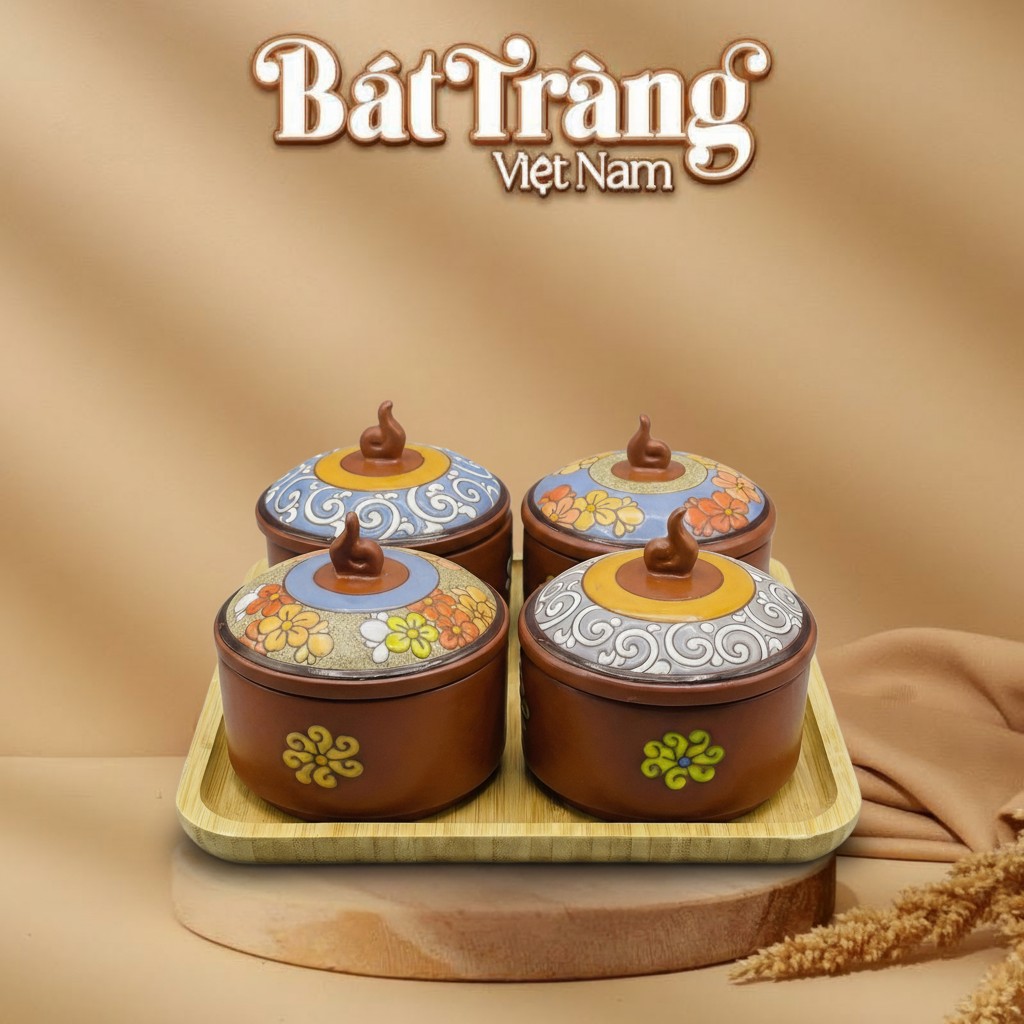 Bộ Hũ Tròn Đựng Bánh Mứt Họa Tiết Thổ Cẩm Kèm Khay Gỗ BT-KM33