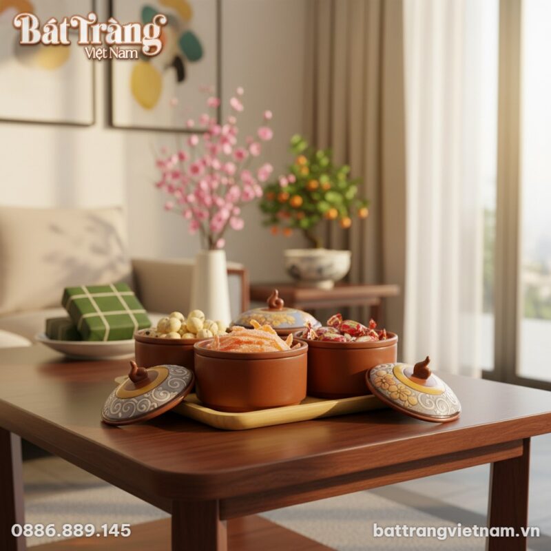 Bộ hũ gốm sứ họa tiết thổ cẩm đặt trang trọng t... Bộ hũ gốm sứ họa tiết thổ cẩm đặt trang trọng t...