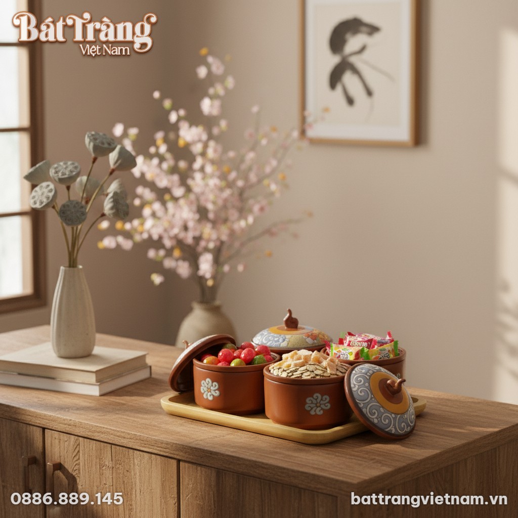 Bộ hũ gốm sứ thổ cẩm trên một chiếc tủ console ...