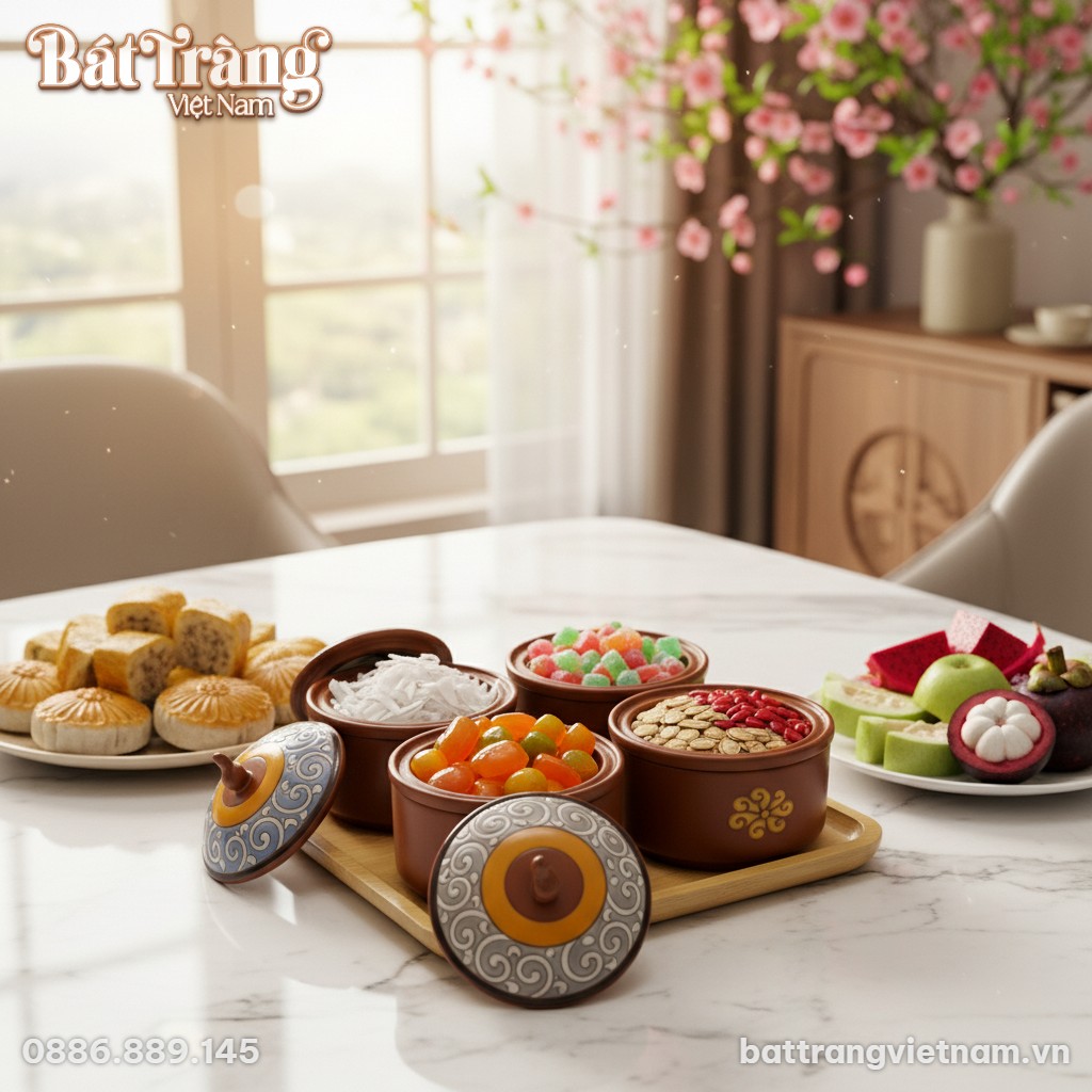 Cận cảnh bộ hũ gốm sứ đựng bánh mứt trên bàn tr...