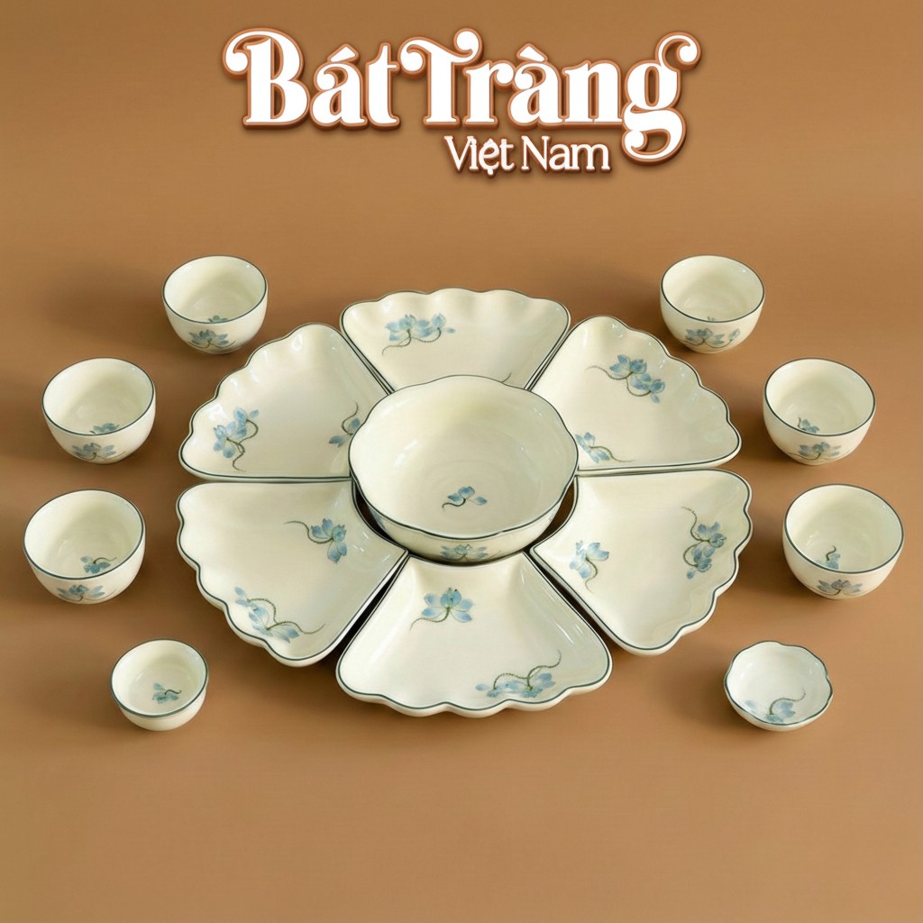 Bộ Đồ Ăn Dáng Cánh Hoa Bát Tràng Họa Tiết Hoa Sen Xanh BT-MT07