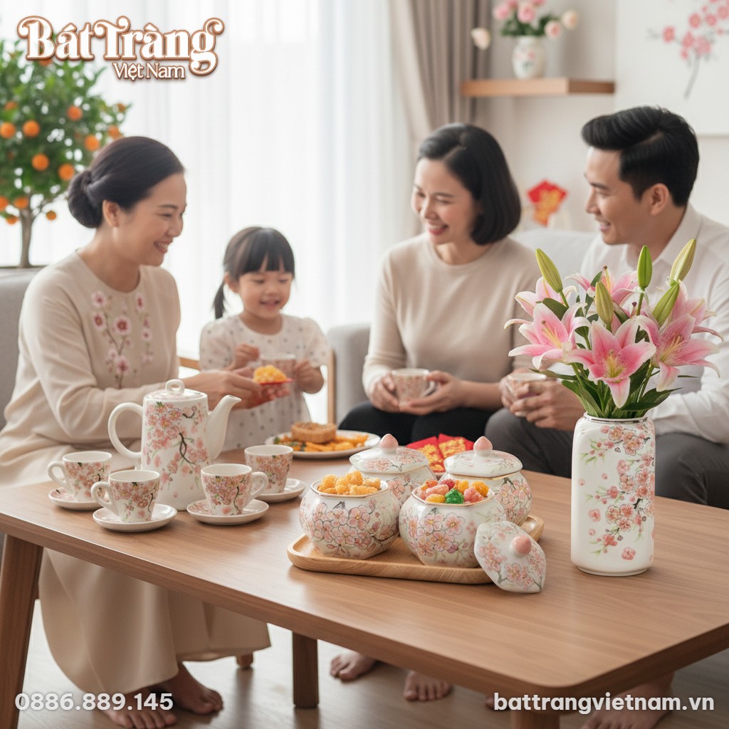 Một gia đình Việt Nam đang thưởng thức trà và m...