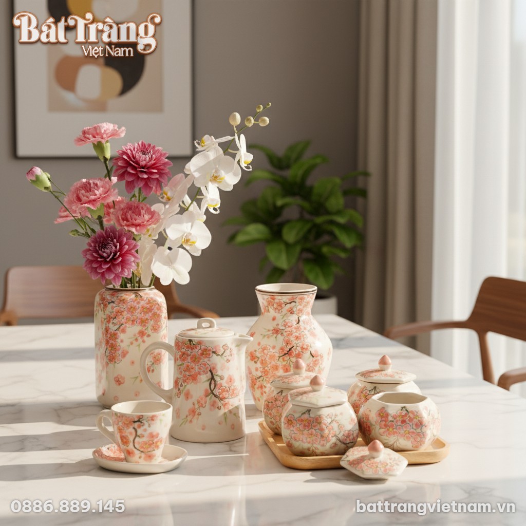 Cận cảnh bộ 4 hũ đựng mứt gốm sứ hoa đào men ke...