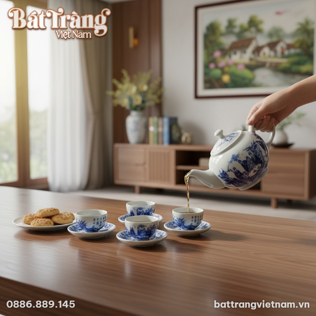 Một người đang nhẹ nhàng rót trà từ bộ trà Bát ...