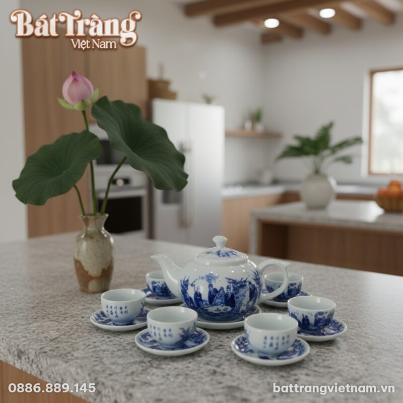 Cận cảnh bộ trà Bát Tràng dáng quả hồng men lam... Cận cảnh bộ trà Bát Tràng dáng quả hồng men lam...