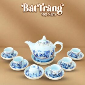 Bộ trà men lam dáng chóp lửa vẽ vàng Trúc Lâm Thất Hiền 400ml BT-AC74