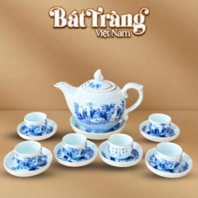 Bộ trà men lam dáng chóp lửa viền vàng vẽ Trúc Lâm Thất Hiền 400ml BT-AC75