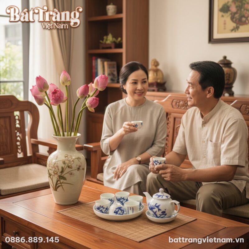 Bộ ấm trà men lam Mai Hạc được đặt cẩn thận trê...