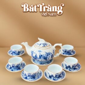 Bộ trà men lam Trúc Lâm Thất Hiền vẽ vàng dáng mắt phượng BT-AC56