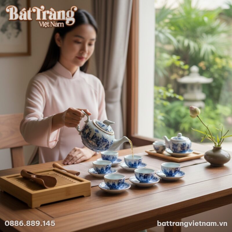 Bộ trà men lam Trúc Lâm Thất Hiền dáng mắt phượ...