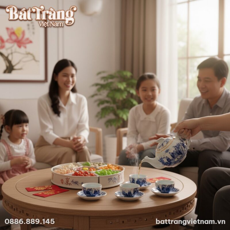 Cận cảnh bộ trà men lam Trúc Lâm Thất Hiền dáng...