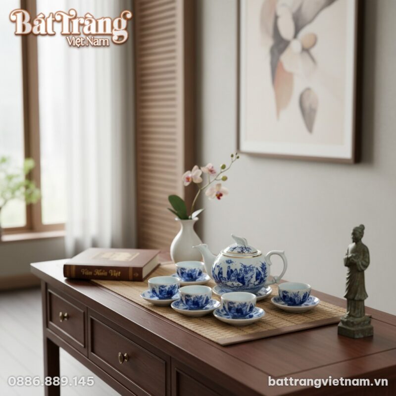 Bộ trà men lam Trúc Lâm Thất Hiền dáng mắt phượ...