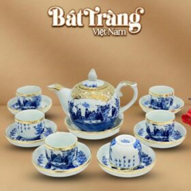 Bộ trà sứ men lam chóp lửa bọc đồng vàng Trúc Lâm Thất Hiền 400ml BT-AC61