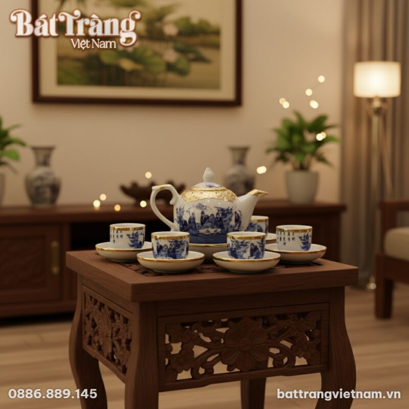 Bộ ấm trà sứ men lam bọc đồng Trúc Lâm Thất Hiề...