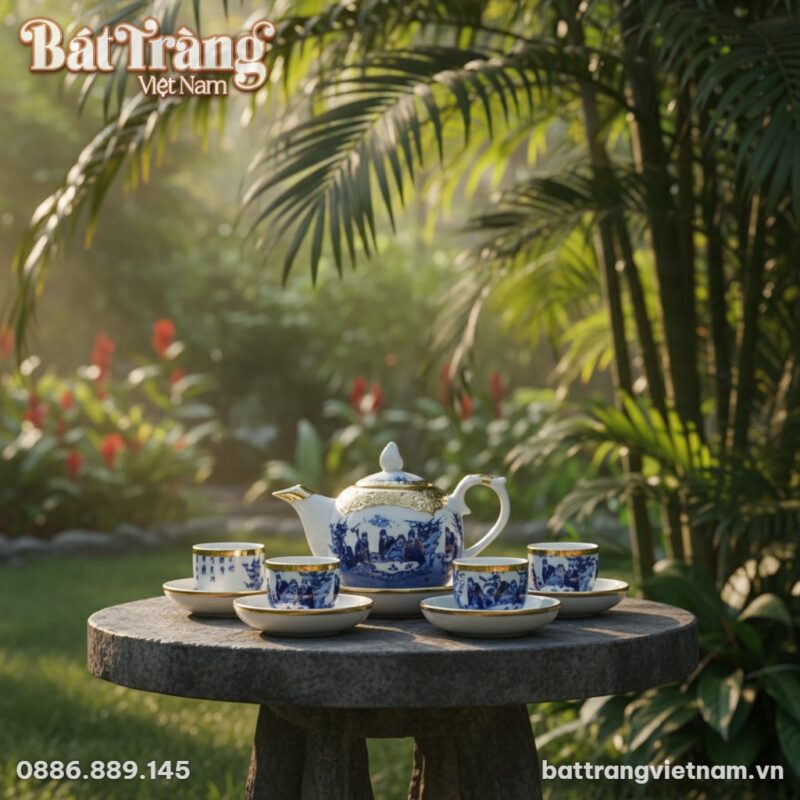 Bộ trà sứ men lam Trúc Lâm Thất Hiền bọc đồng v...