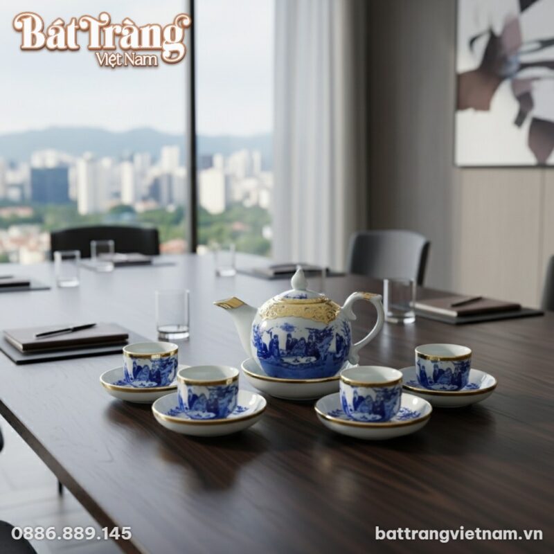 Chụp cận cảnh bộ ấm chén Trúc Lâm Thất Hiền bọc...